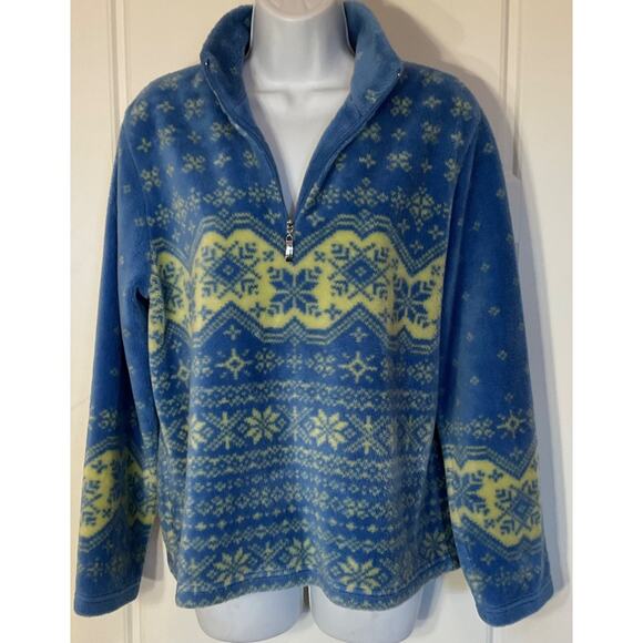 Talbots Blue &Yellow Snowflake Fair Isle 1/4 Zip Fleece Sweater Petite M - Picture 3 of 7